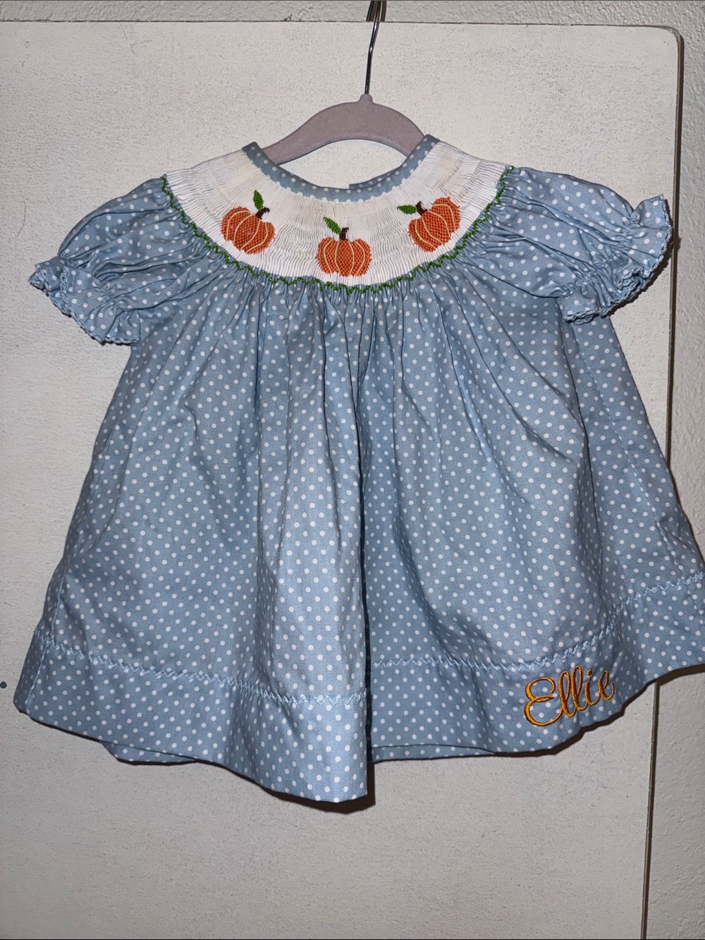 “Ellie”Monogramed - Light Blue Polka Dot Smocked Pumpkin Dress